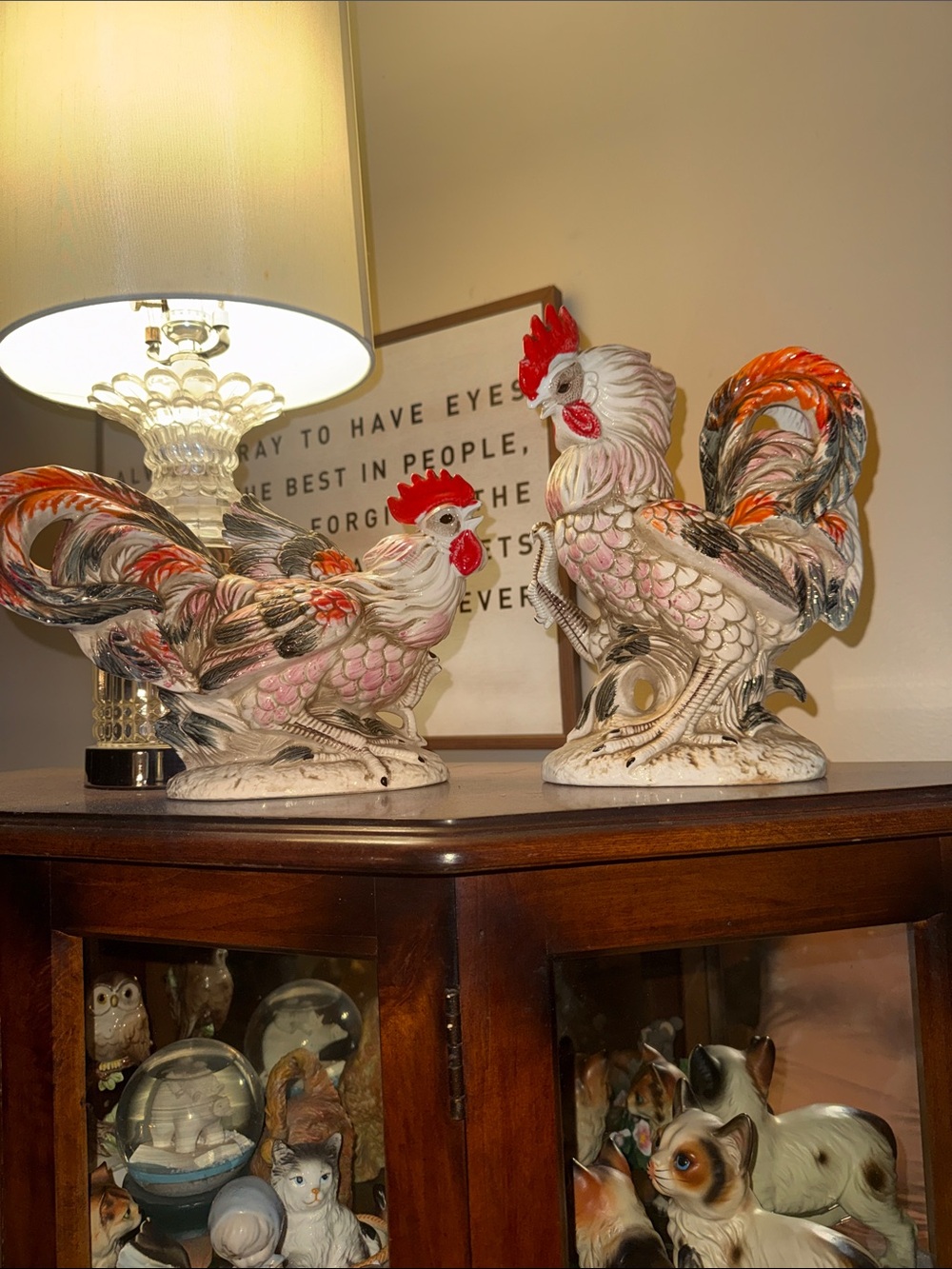 Vintage Ceramic Rooster Figurine Pair in Multicolor
